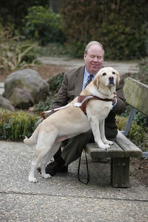 michaeland-roselle Michael and Roselle, a yellow lab guide dog, on a park bench